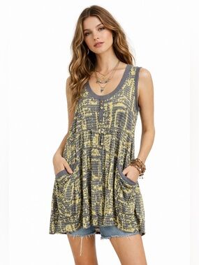 Dolcezza Abstract Scoop Neck Tank Dress Size XL Gray & Yellow Artsy Lagenlook